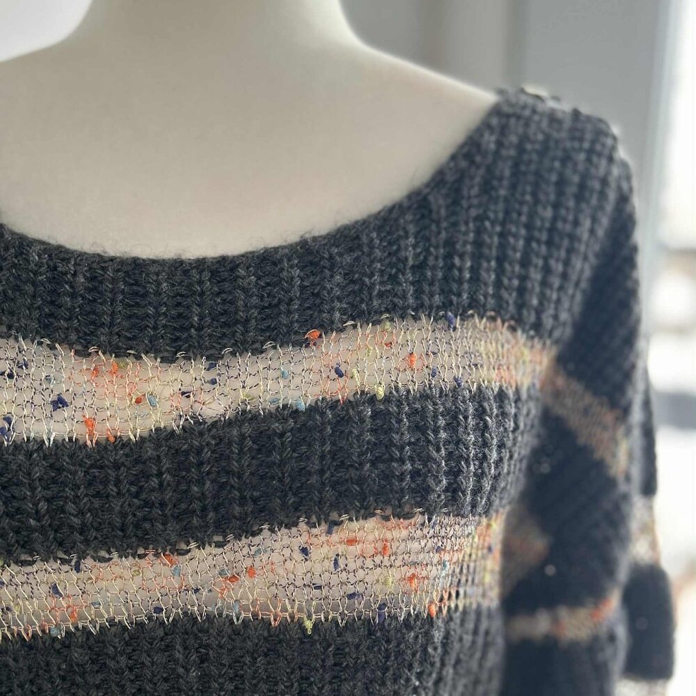 Tricotto Charcoal & Metallic Open-Knit Stripe Sweater w/ Shoulder Zippers - US M - Picture 13 of 16